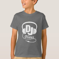 O DJ seu branco do nome no azul caçoa o t-shirt
