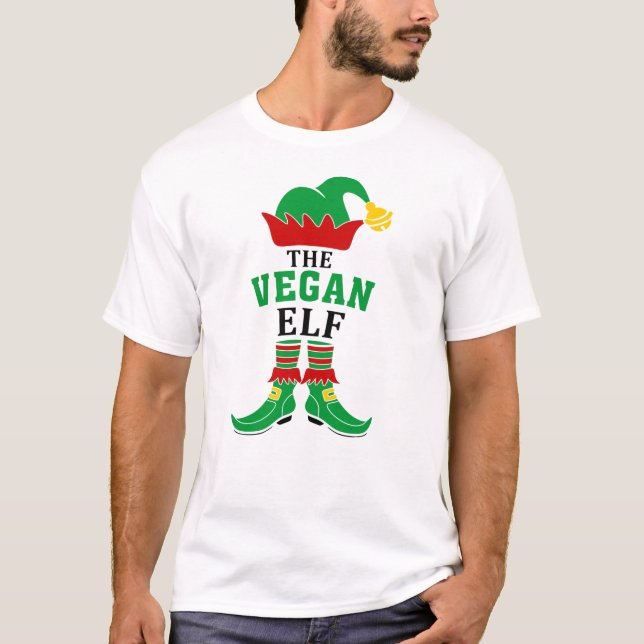 Camiseta O Elfo Vegan, Verde Natal e Vermelho (Frente)