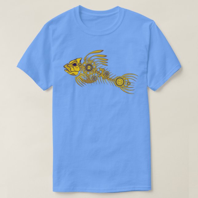 Camiseta O esqueleto de Steampunk é peixe em ouro (Frente do Design)