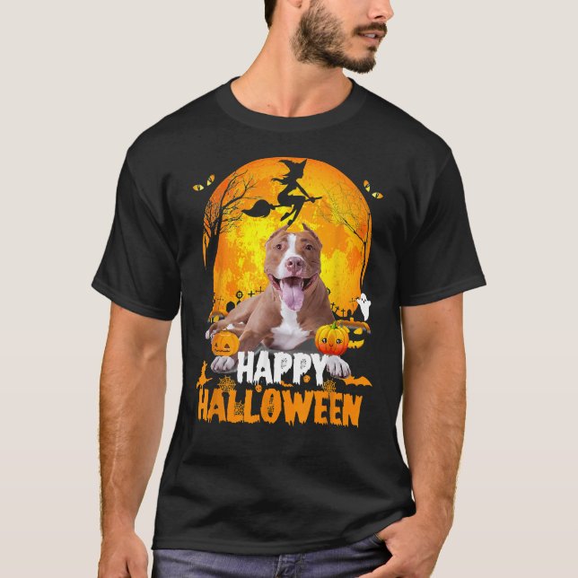 Camiseta O Feliz Dia Das Bruxas Do Cão De Pitbull Com A Lua (Frente)