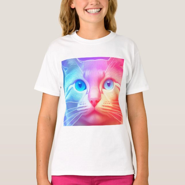 Camiseta O Gatinho Colorido Arco-Íris T-Shirt (Frente)