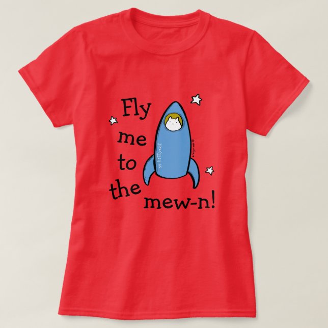 Camiseta O gatinho Rocket voa-me ao mew-n! (Frente do Design)