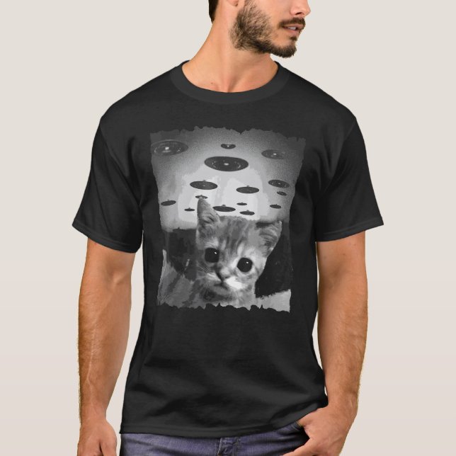 Camiseta o gato Cat selfie com UFO Alien preto e branco (Frente)