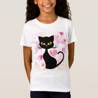 Camiseta O gato preto da menina com o t-shirt cor-de-rosa