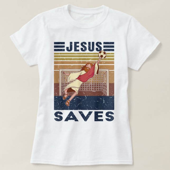 Camiseta O goleiro retrô Jesus salva a meta do futebol (Frente do Design)