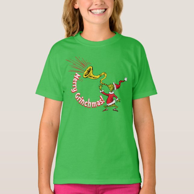 Camiseta O Grinch Tocando a Corneta do Grinchmas Alegre (Frente)