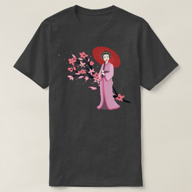 Camiseta O guarda-chuva da garota tradicional e a Sakura Ch (Frente do Design)
