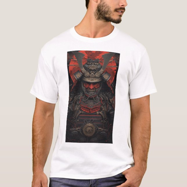 Camiseta O Guerreiro Samurai Japonês Vermelho Rosto Armado  (Frente)