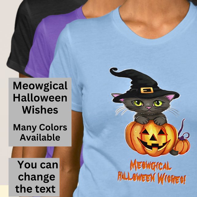 Camiseta O Halloween Meowgical Deseja A Pumpkin De Chapéu D (Criador carregado)