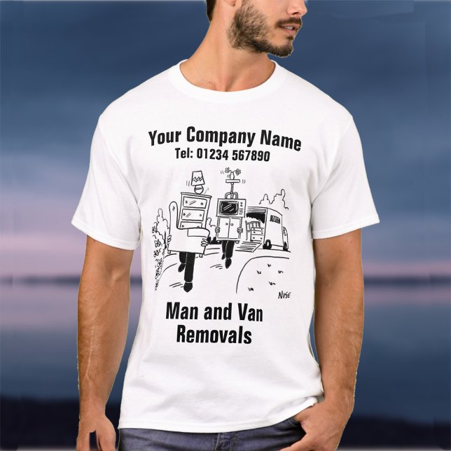 Camiseta O Homem e Van Removais Cartoon para Personalizar (Criador carregado)