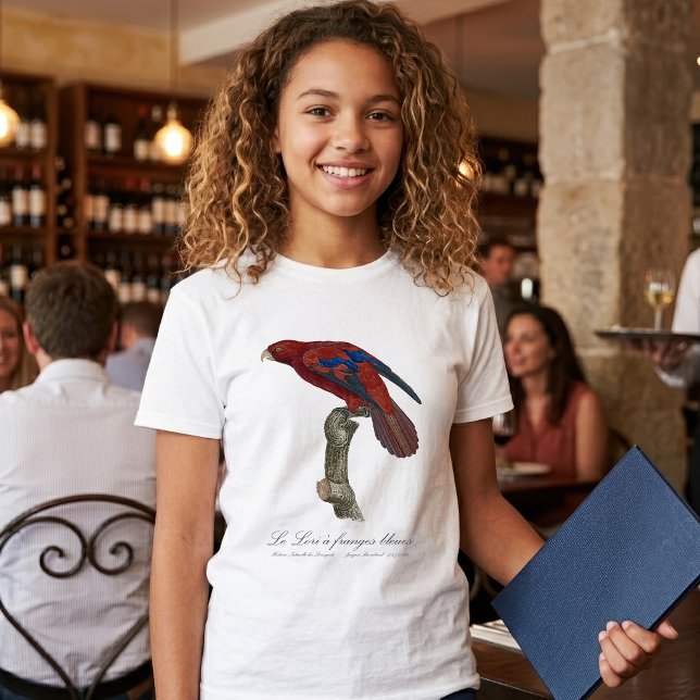 Camiseta O Lori de franjas azuis  (Long-Tailed Red Lory, Trichoglossus borneus. Girl Basic White T-Shirt)