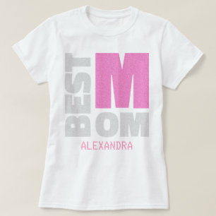 Camiseta O melhor nome de brilho prateado rosa da mãe perso