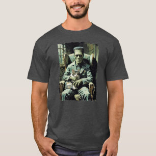 Camiseta O monstro do Frankenstein relaxando com o seu gato
