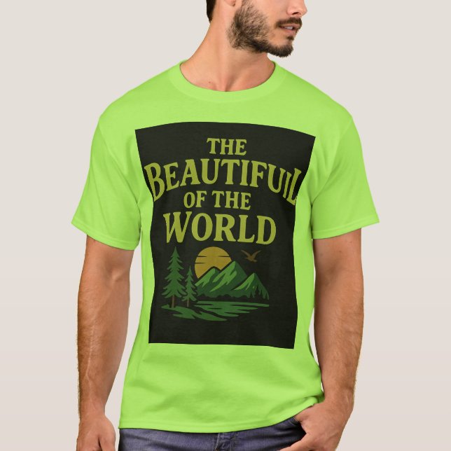 Camiseta O Mundo Bonito: Montanhas, Árvores e Sol" (Frente)