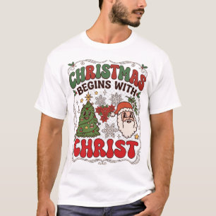 Camiseta O Natal Começa Cristo Papai Noel Árvore Floco de N