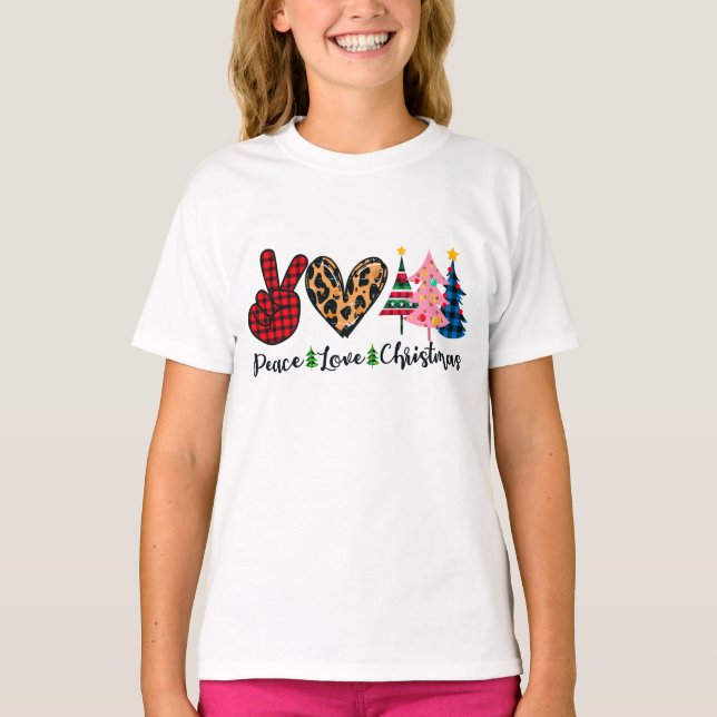Camiseta O Natal do Amor com Paz em Férias Azul Rosa T- (Frente)