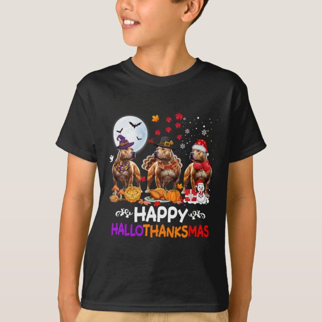 Camiseta O Natal do Cão Pitbull Feliz Hallothankmas (Frente)