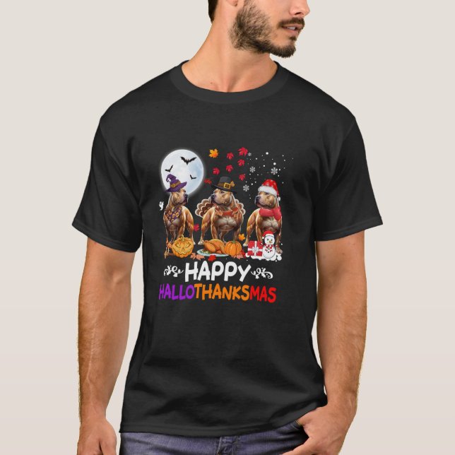 Camiseta O Natal do Cão Pitbull Feliz Hallothankmas (Frente)