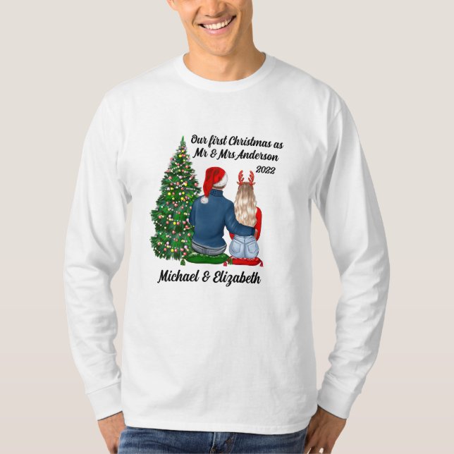 Camiseta O nosso primeiro Natal como um T-Sh Casal casado (Frente)