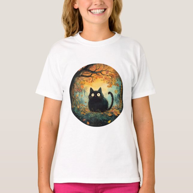 Camiseta O outono deixa aconchegante cair o gato preto na m (Frente)
