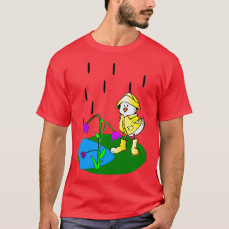 Camiseta o pato que veste uma capa de chuva
