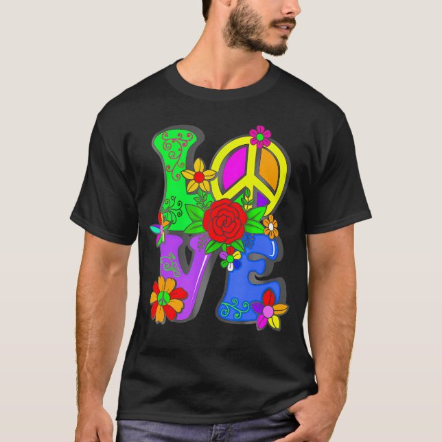 Camiseta O poderoso florescente dos anos 70, Hippy Groovy L (Frente)