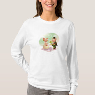 Camiseta O porco masculino dá um bouqet das flores a um