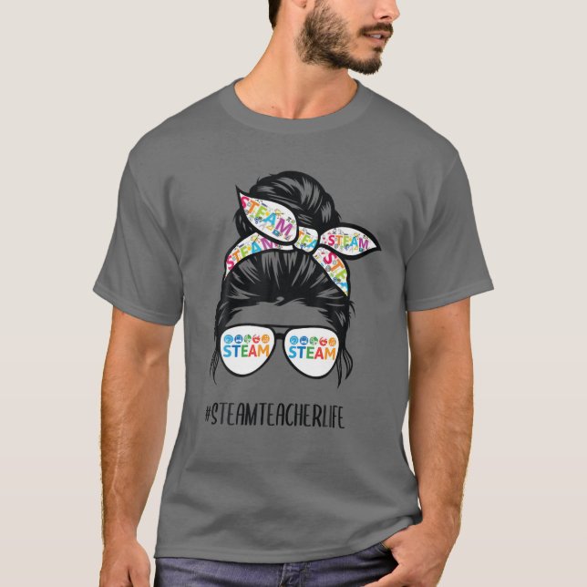 Camiseta O Professor STEAM Life Messenger Bun De Volta À Es (Frente)