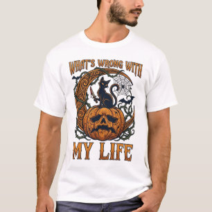 Camiseta O Que Está Errado Vida Halloween Gato Preto Abóbor