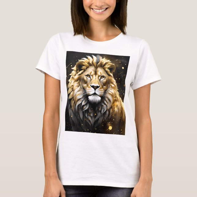 Camiseta O Rei: Leão Masculino Majestoso Dourado E Cinza, (Frente)