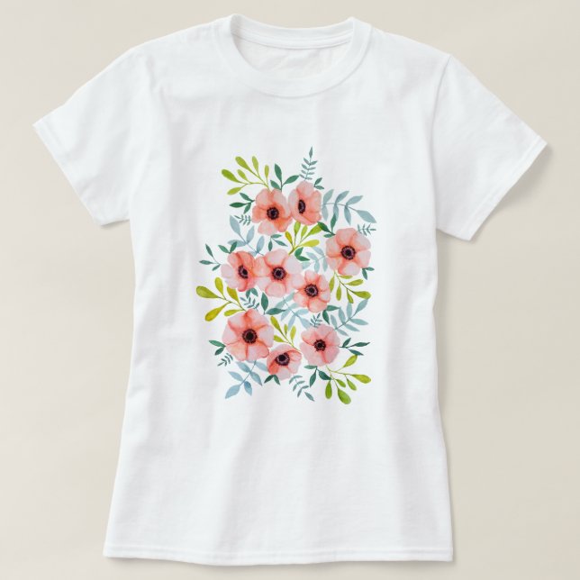 Camiseta O rosa floral da aguarela floresce a ilustração (Frente do Design)