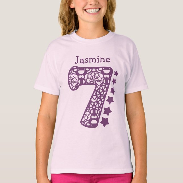 Camiseta O roxo roxo do laço da menina de 7 aniversários (Frente)