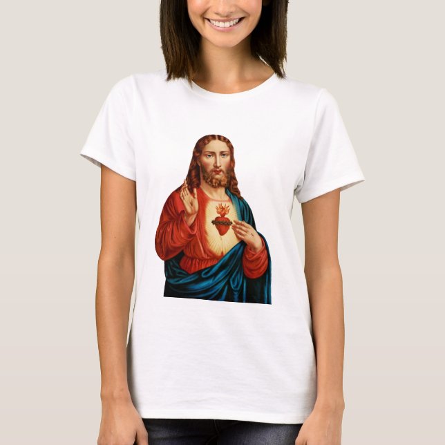 Camiseta O Sagrado Coração de Jesus Retrato de Arte Fina (Frente)