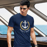 Camiseta O seu barco ou nome Ancora o estilo Dourado Laurel<br><div class="desc">Uma Ancoragem de barco náutico,  o estilo Dourado Laurel sai e estrela com o seu nome personalizado ou o nome do barco num Marinho azul-T-Shirt.</div>