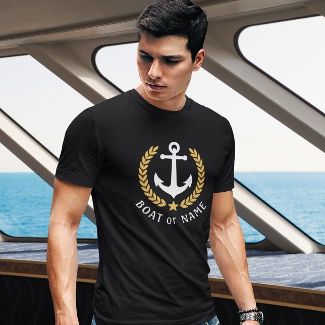 Camiseta O seu barco ou nome Ancora o estilo Dourado Laurel (Criador carregado)