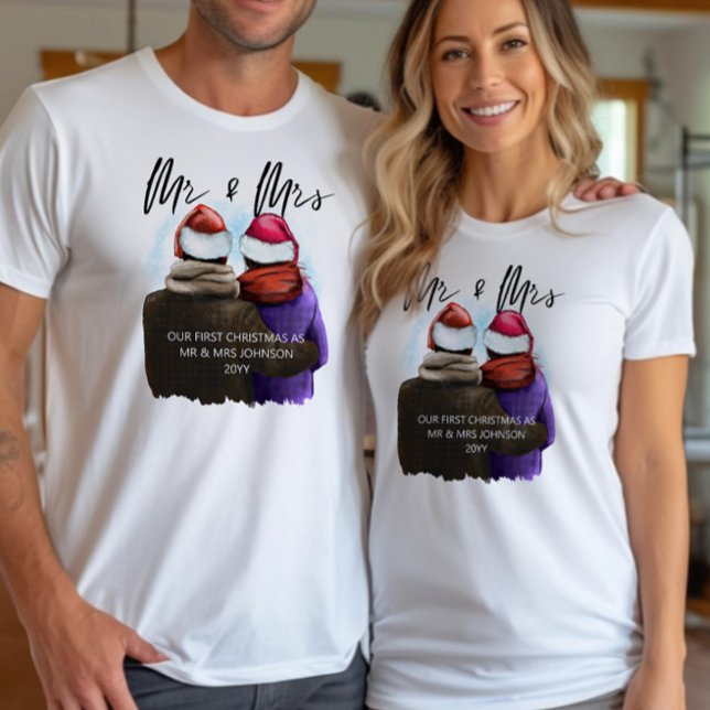 Camiseta O Sr. e a Sra. Script Casais Natal (Mr & Mrs First Christmas T-Shirts)