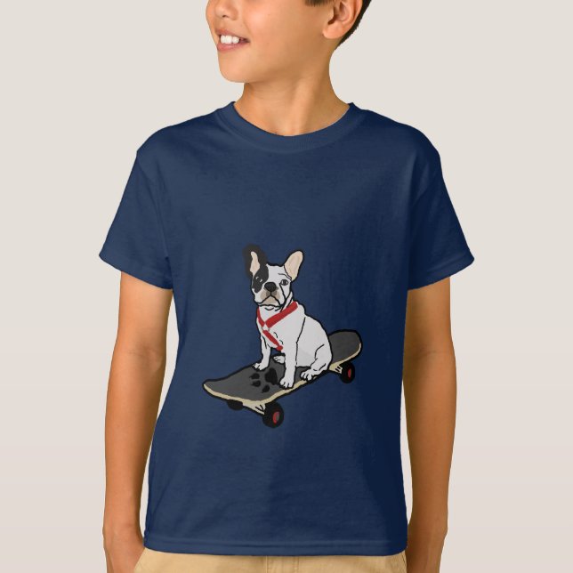 Camiseta O T da criança Skateboarding do buldogue francês (Frente)