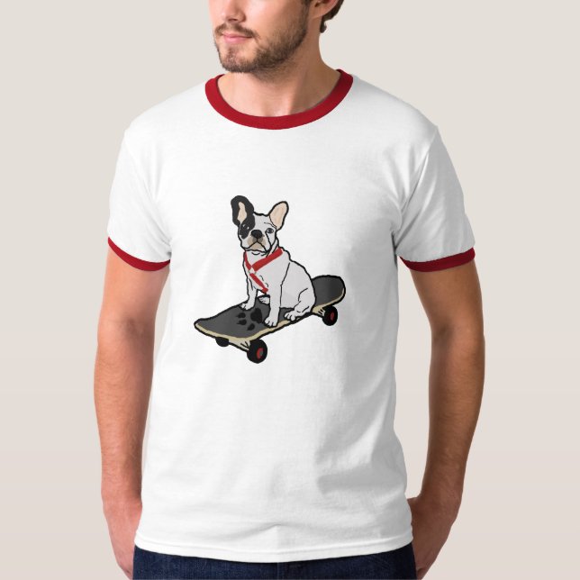 Camiseta O T dos homens Skateboarding do buldogue francês (Frente)