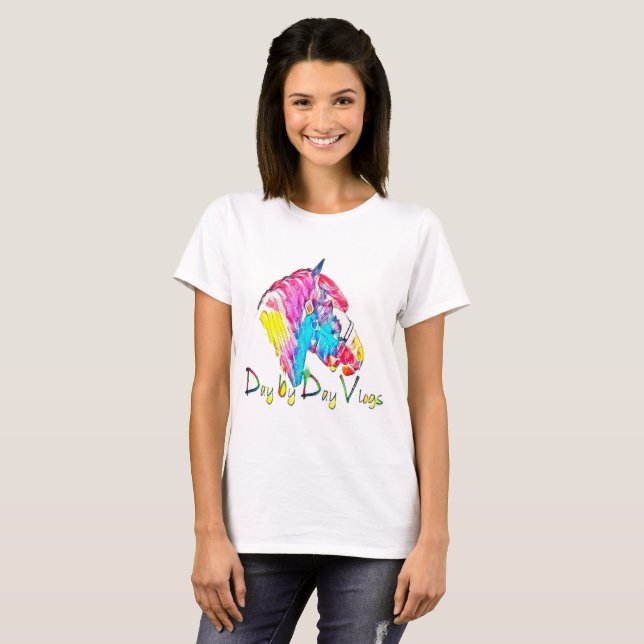 Camiseta O t-shirt básico das mulheres com cavalo (Frente Completa)