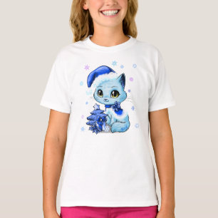 Camiseta O t-shirt bonito da menina tirada mão do gato do