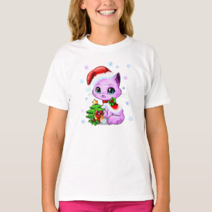 Camiseta O t-shirt bonito da menina tirada mão do gato do
