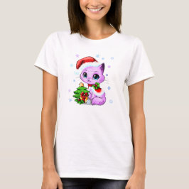 Camiseta O t-shirt bonito da menina tirada mão do gato do