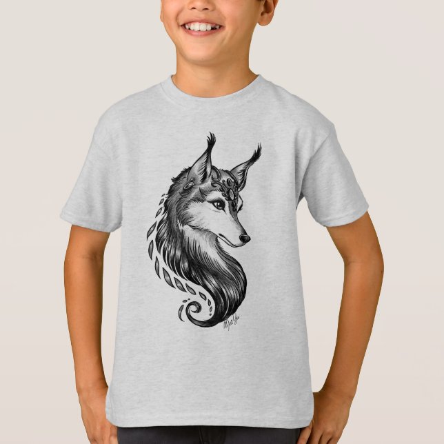 Camiseta O t-shirt branco preto de menino de lobo tirado (Frente)