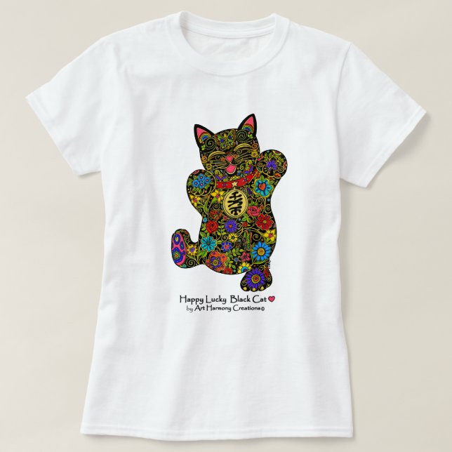 Camiseta O t-shirt da mulher afortunada feliz do gato preto (Frente do Design)