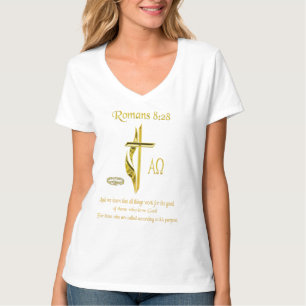 Camiseta O t-shirt da mulher cristã do 8:28 dos romanos