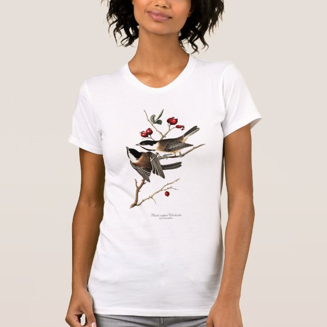 Camiseta O t-shirt das mulheres Preto-tampadas do Chickadee (Frente)