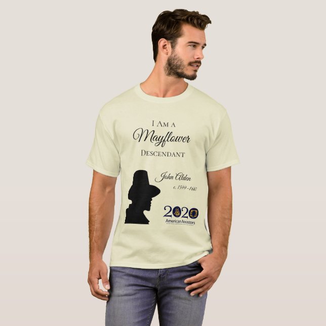 Camiseta O t-shirt dos homens do descendente de John Alden (Frente Completa)