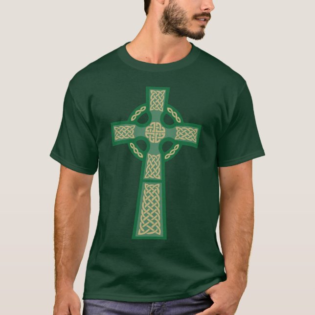 Camiseta O t-shirt escuro dos homens verdes da cruz celta (Frente)