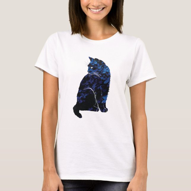 Camiseta O t-shirt floral das mulheres azuis do gato (Frente)