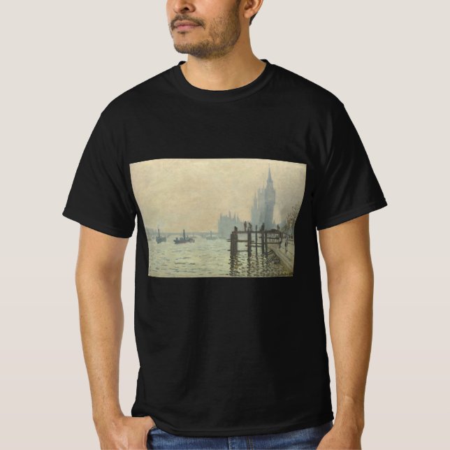 Camiseta O Tâmisa Abaixo de Westminster por Claude Monet (Frente)
